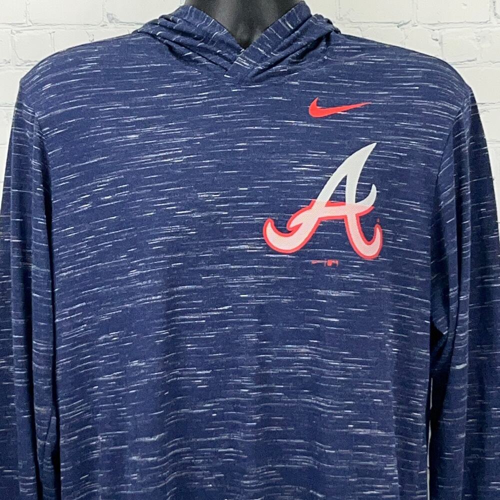 Atlanta Braves The Nike Tee Hooded T Shirt M Medium Blue Dri-Fit Hoodie MLB LS